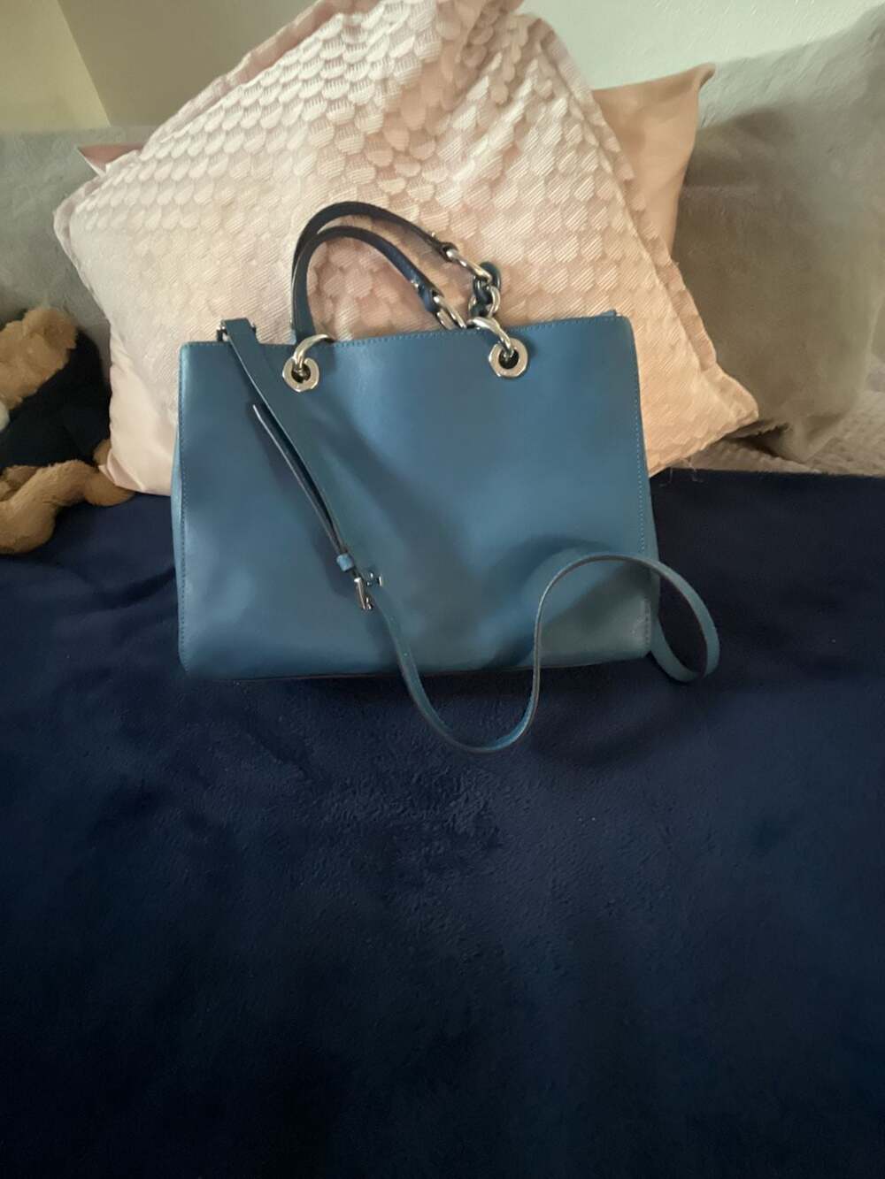 Michael Kors Cynthia Medium Satchel Handbag Blue Saffiano Leather